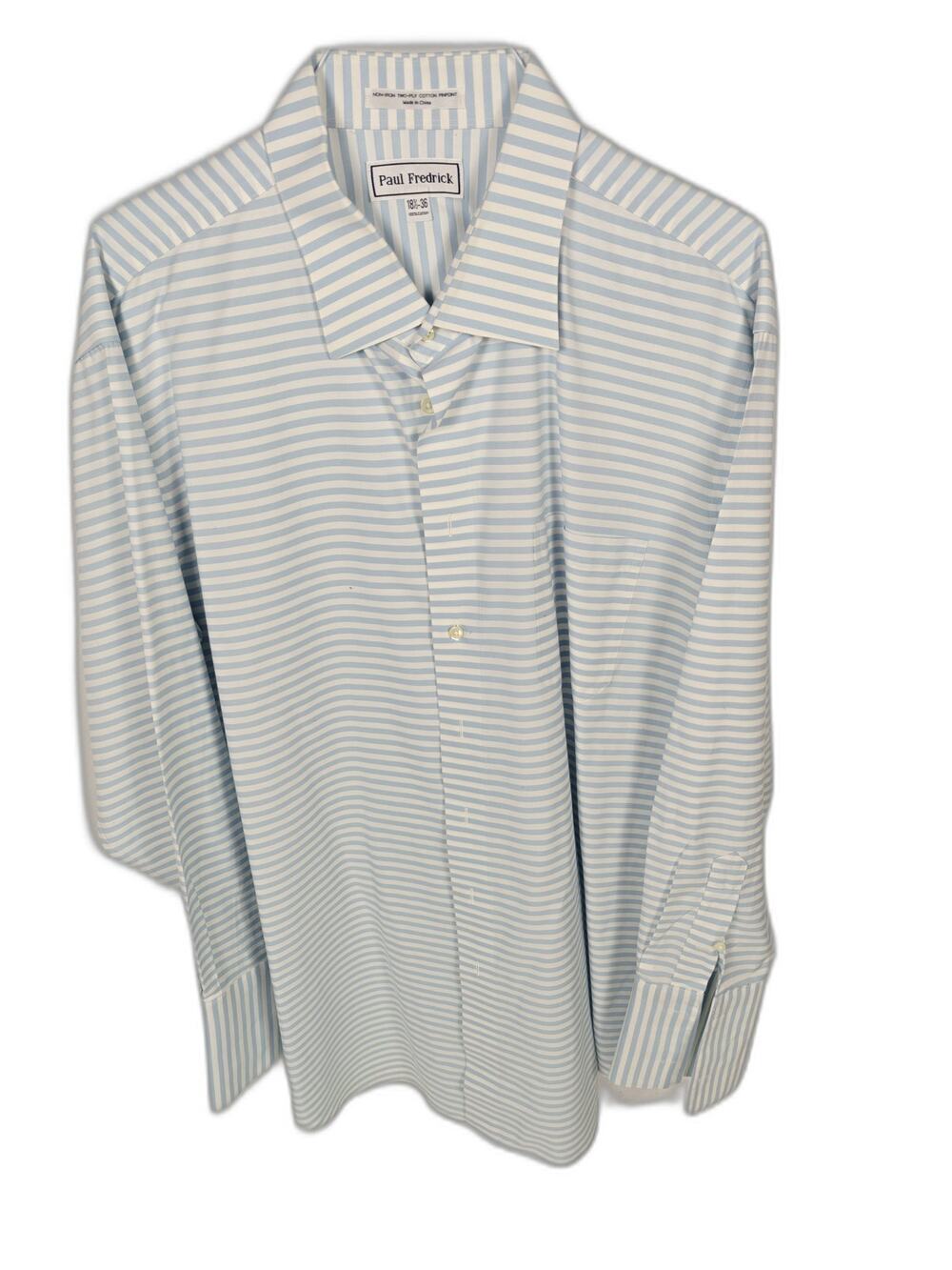 Paul Fredrick Men's Blue White Stripe French Cuff Dress Shirt